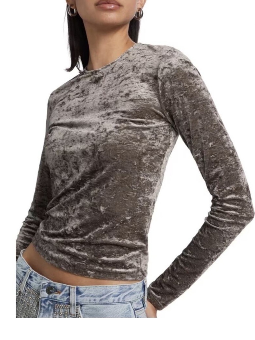 FRAME crushed velvet long sleeve fitted crewneck top neutral whimsy size XL